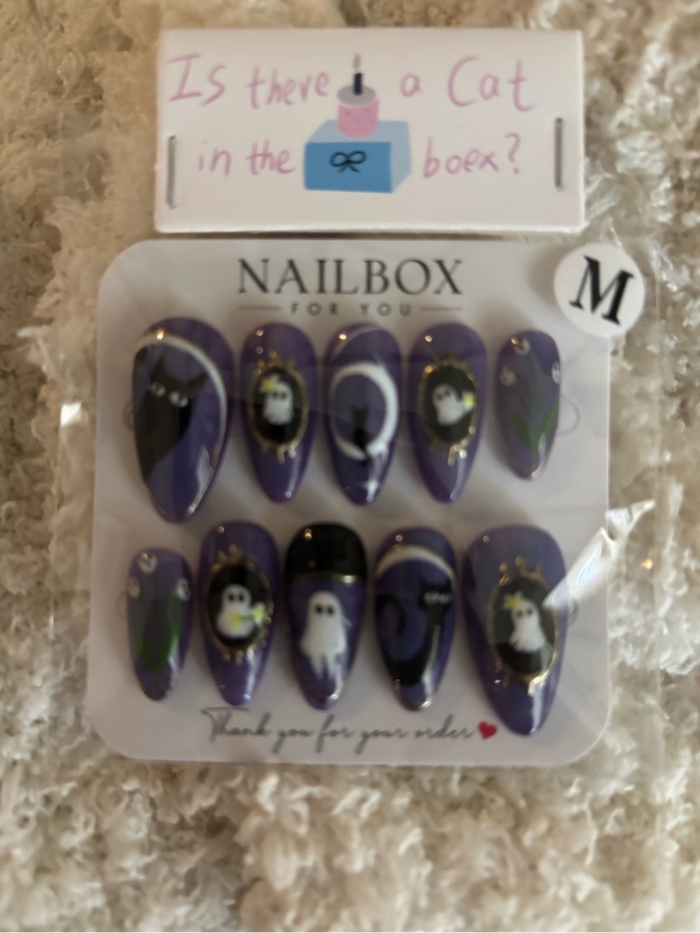 Halloween purple cat & Ghost Press-On Nails size, medium, medium almond